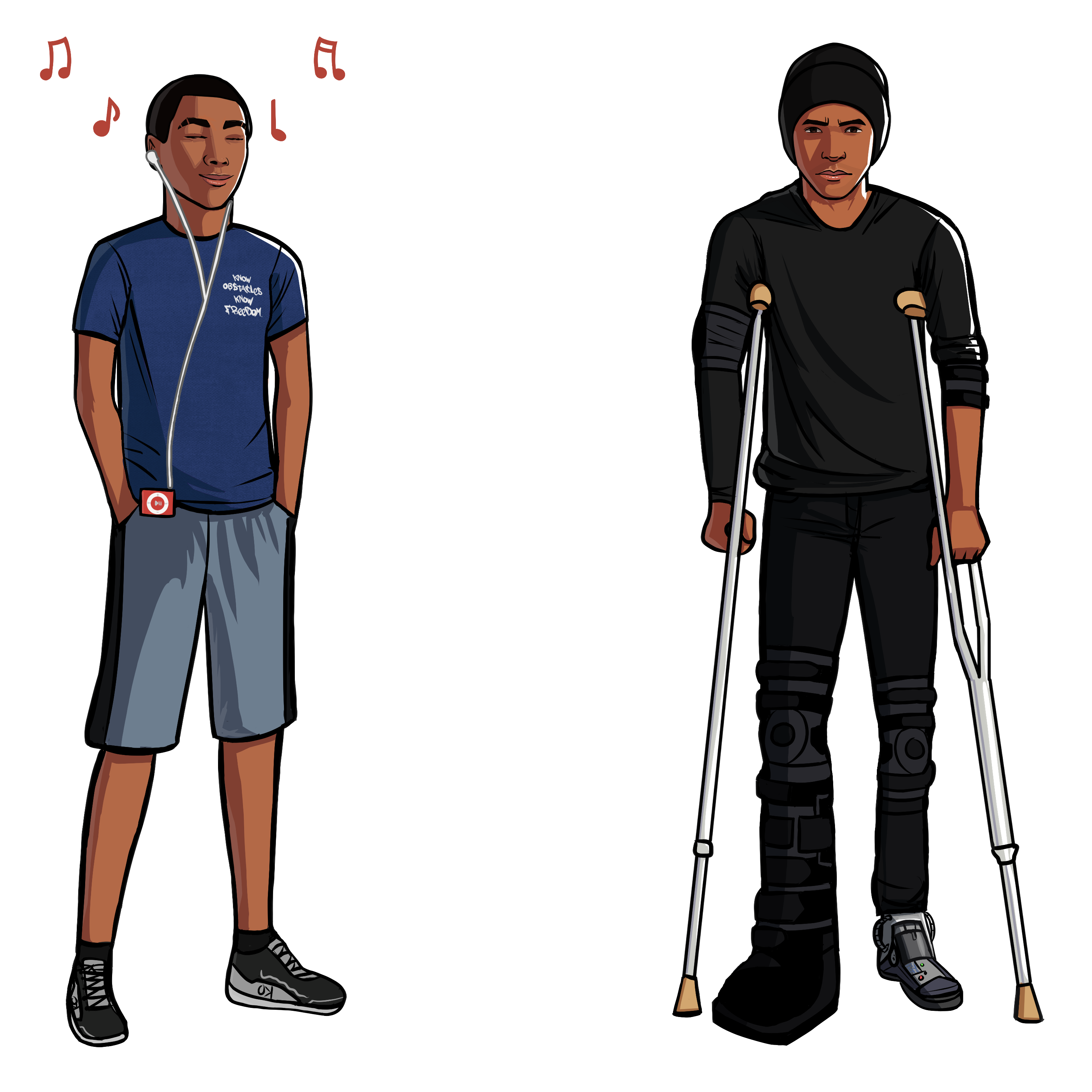 Music notes then. Crutches now.