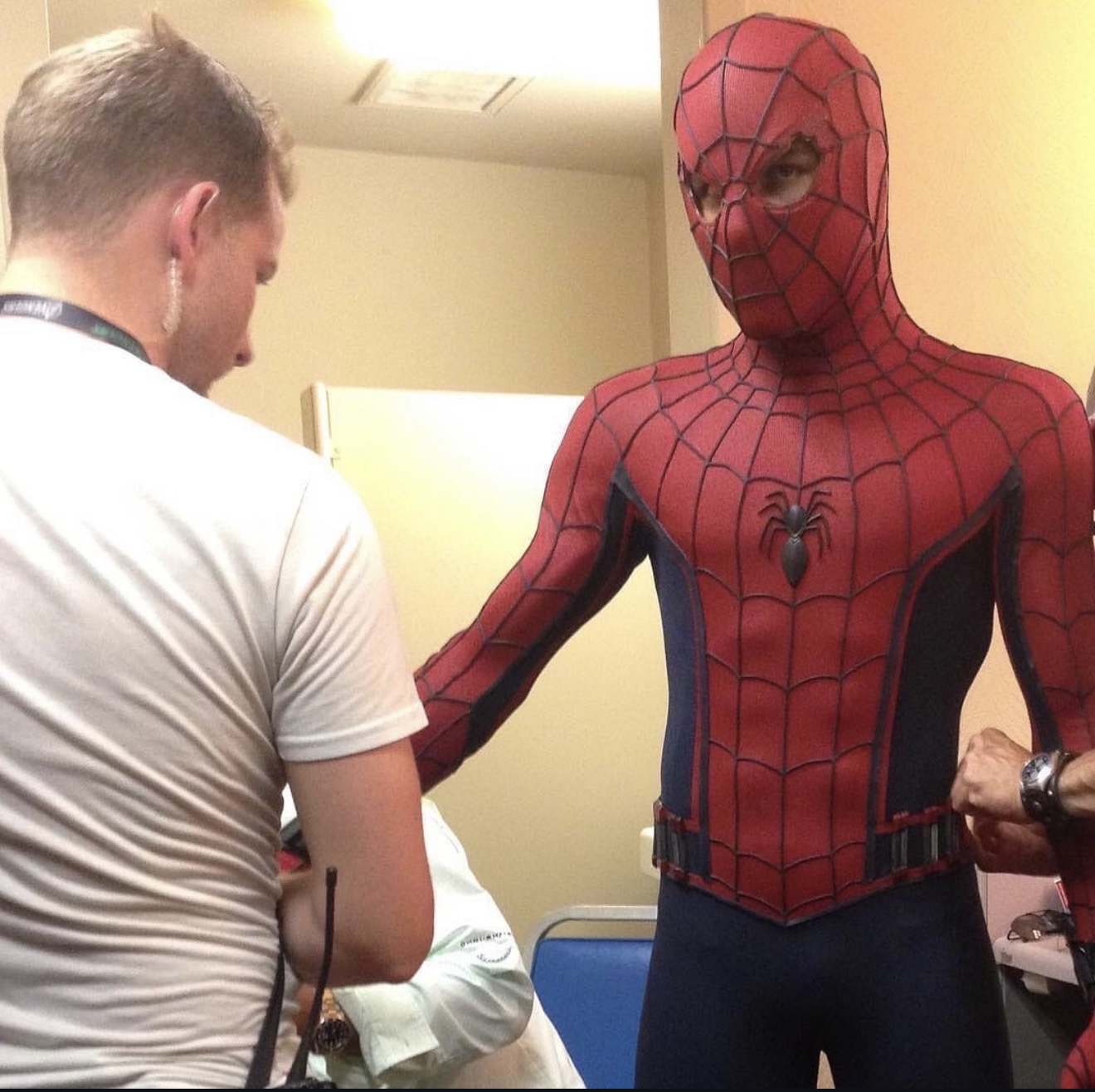 Marvin Ross in Spider-Man suit behind the scenes